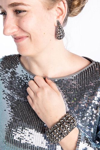 Hematite Gray Crystal Bracelet and Clip Earrings