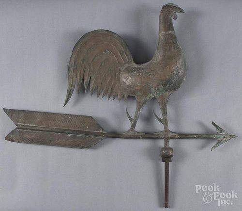 Copper swell-body rooster weathervane, 20th c., 19'' h., 28'' l.