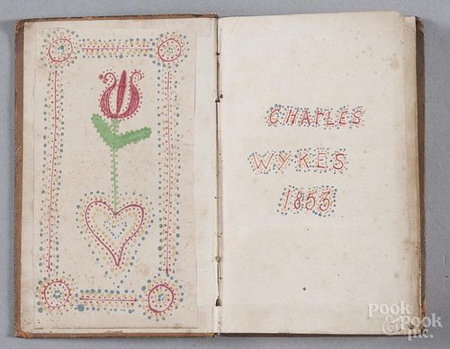 Pen, ink, and watercolor heart and tulip bookplate, inscribed Charles Wykes 1853