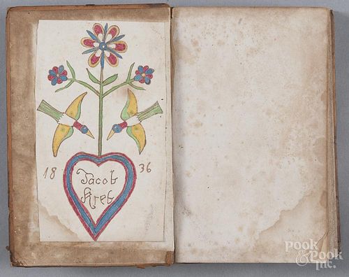 Ink and watercolor heart and tulip tree bookplate, inscribed Jacob Krebs 1836
