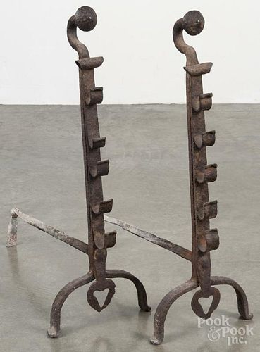 Pair of wrought iron andirons, 18th c., 25 3/4'' h.