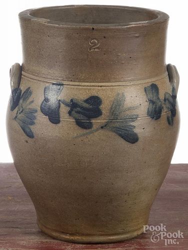 Mid-Atlantic two-gallon stoneware crock, 19th c., with cobalt floral decoration, 11 3/4'' h.
