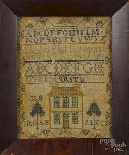 Silk on linen house sampler, dated 1819, wrought by Mary Borden, 12 3/4'' x 9 1/2''.