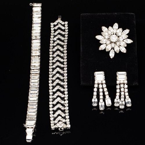Crystal & Rhinestone Pin, Earrings and Two Bracelets