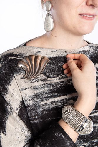 Silver Cuff, Silver Wave Brooch and Drop Earrings