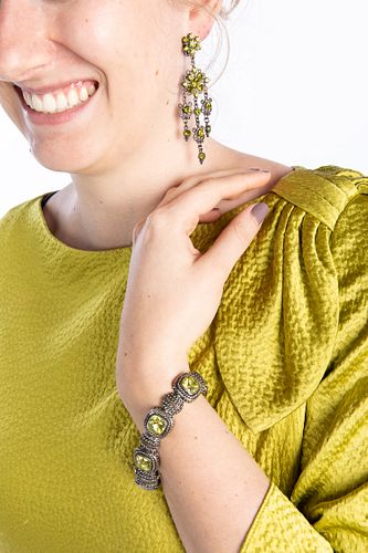 Peridot Colored Bracelet and Clip Earrings