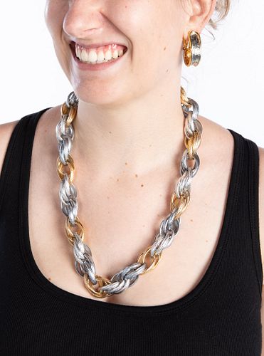 Gold and Silver-Tone Chain Necklace & Hoop Earrings