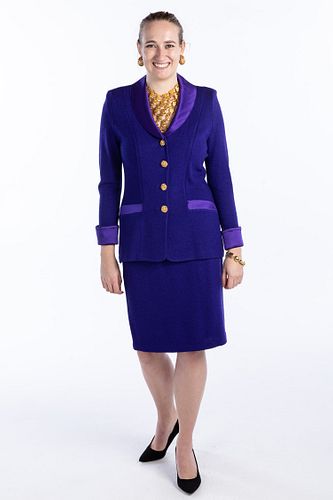 St. John Evening Knit Royal Purple Suit with Skirt