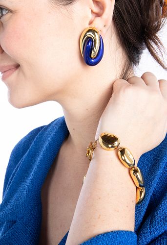 Royal Blue and Gold-Tone Clip Earrings and Bracelet