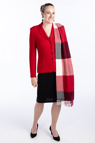 St. John Knit Red Jacket with Skirt, and Shawl