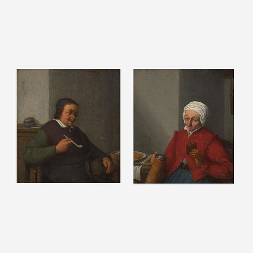 Adriaen Jansz van Ostade (Dutch, 1610?1685) Man Smoking in an Interior; together with Woman Holding a Jug and a Cup: A Pair of Half-Length Portraits