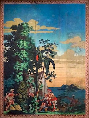 Large 18/19th Century Zuber et Cie. Mounted Scenic Wallpaper panels depicting exotic native scene. Unsigned. Old restoration, good antique condition. 