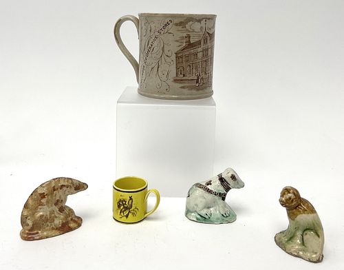 Three Ceramic Figures and Advertising Mug