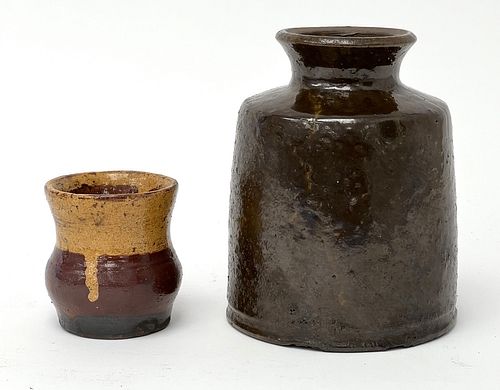 Redware Cup with Yellow Slip & Redware Bottle