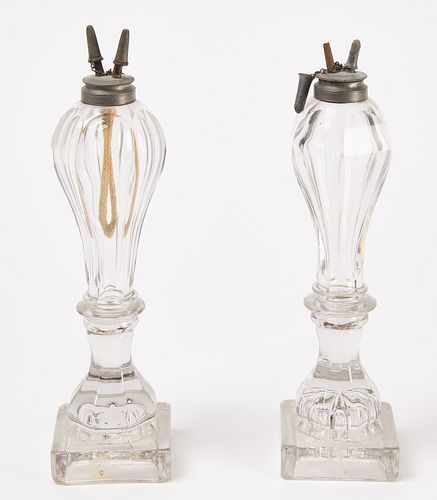 Pair of Sandwich Glass Oil Lamps