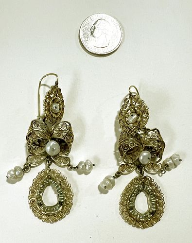 10K Gold Filagree Pierced Earrings with Pearls
