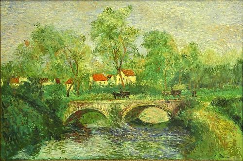 after: Camille Pissarro, French (1830-1903) oil on canvas, "Stone Bridge". Signed lower right. Two small patches otherwise good condition. Measures 24
