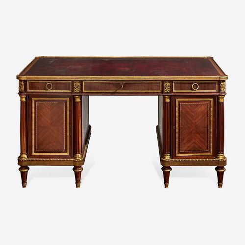 A Fine Louis XVI Style Gilt Bronze Mounted Kingwood and Tulipwood Pedestal Desk attributed to Fran?ois Linke (French, 1855?1946), late 19th/early 20th