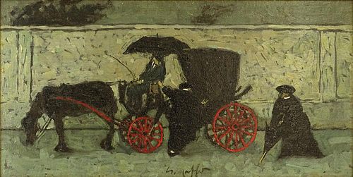 Nino Caffè, Italian (1909-1975) Oil on panel, Rainy Day Coach Ride. Signed. Good condition. Measures 5-7/8 inches tall and 11-7/8 inches wide, frame 