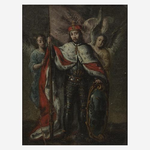 Spanish School (17th-18th Century) King Crowned by Two Winged Figures
