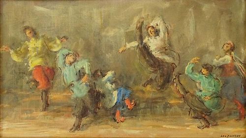 Lee Jackson, American (1909 - ) Oil on canvas board 'Russian Festival Dancers" Signed lower right. Good condition. Measures 8" x 14" frame 15-3/4" x 2