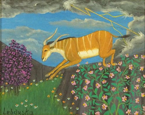 Lawrence Lebduska, American (1894-1966) Oil on canvas board "Striped Gazelle: Signed lower left. Good condition. Measures 8" x 10", frame 11-1/4" x 13
