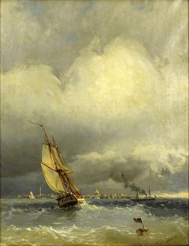 after: Ivan Konstantinovich Aivazovsky, Russian (1817-1900) oil on canvas, "Sailing to Harbor". Signed lower right. Good condition or better. Measures