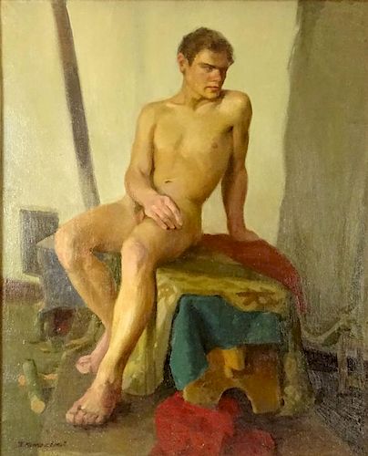 attributed to: Petr Petrovich Konchalovsky, Russian/Ukranian (1876-1956) Oil on canvas "Male Nude" Signed P. Konchalovsky. Good condition. Measures 32