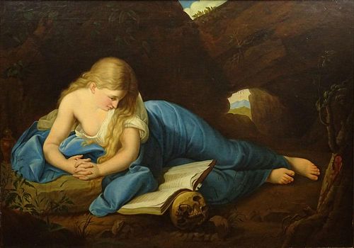 Antique Continental Oil on Canvas "The Penitent Magdalen" Unsigned. Good Relined Condition. Measures 28 Inches by 41 Inches, Frame Measures 35 Inches 