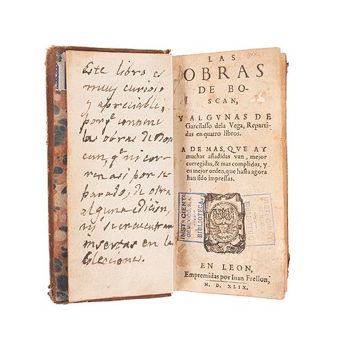 Las Obras de Boscan. Y algunas otras de Garcilasso dela Vega, repartidas en quatro libros. León: Empremidas por Iuan Frellon, 1649.