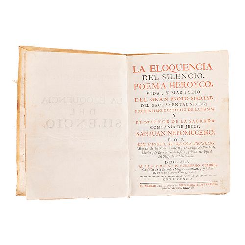 Reyna Zevallos, Miguel de. La Eloquencia del Silencio. Poema Heroyco, Vida y Martyrio de... San Juan Nepomuceno. Madrid: 1738.