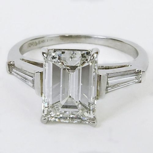 GIA Certified 2.37 Carat Emerald Cut Diamond Engagement Ring. Diamond G color, VVS2 clarity. Diamond measures 9.36 x 6.86 x 4.15mm. Signed Platinum. V