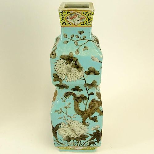19th Century Chinese Porcelain Squared Double Gourd Vase Decorated with Dragons, Flowers, Insects on Turquoise Ground. Unsigned. Typical wear to rim o