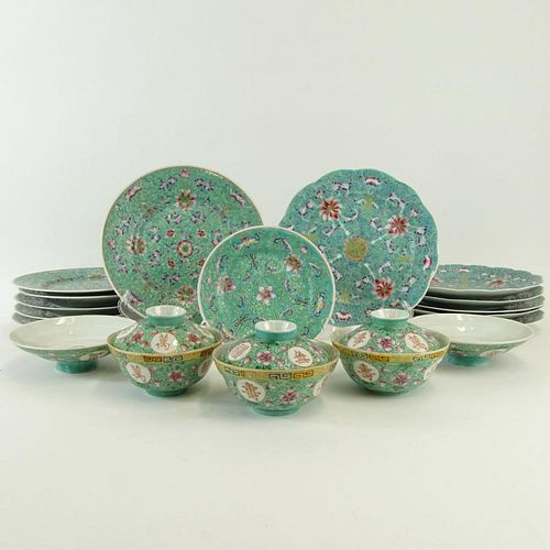 Collection of Chinese Famille Rose Turquoise Ground Including: Six (6) Dinner Plates with Scalloped Rims; Six (6) Dinner Pates with plain rim; One (1)