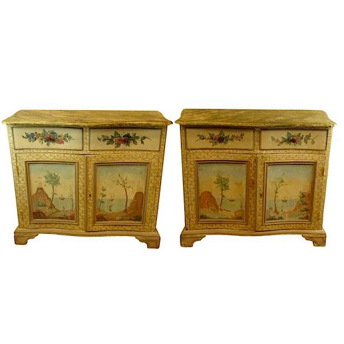 Pair of 19th Century Probably Italian Distressed Painted 2 Door, 2 Drawer Pine Cabinets with Faux Marble Painted Tops. Unsigned. Antique condition. Me