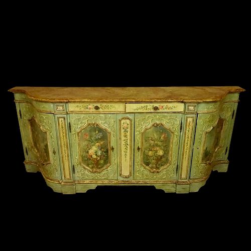 Large 19th Century Probably Italian Well Painted Buffet Enfilade. Distress painted, decorative floral painted door panels, arabesques and faux marble 