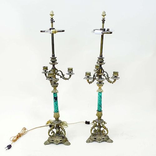 Pair Mid-Century Bronze 3 Arm Candelabra with Malachite Veneer as Lamps. Unsigned. Wear to gilding or good condition. Measures 20-1/4" to top of cande