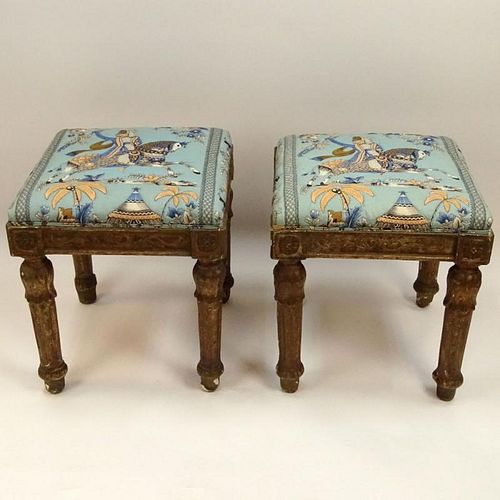 Pair of 18th Century Carved and Giltwood Tabourets. Unsigned. Surface losses, old repairs, antique condition, please examine carefully prior to biddin