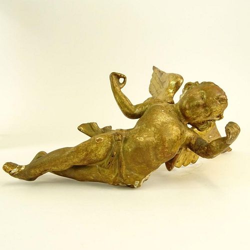 19th Century Probably Italian Carved in Gilt Wood Angel Figure. Unsigned. Repairs, rubbing and surface losses, please examine carefully prior to biddi