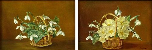 Elizabeth Fisher, American (1871-1959) Pair of oil on canvas Floral Still Life paintings. Signed. Good condition. Measures 7-1/8" x 10-1/4", frame 12"