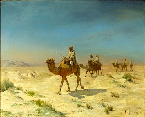 Paul Jean Baptiste Lazerges, French (1845-1902) Oil on Canvas, Desert Caravan. Signed lower right and dated 1888. Laid on masonite, good conserved con