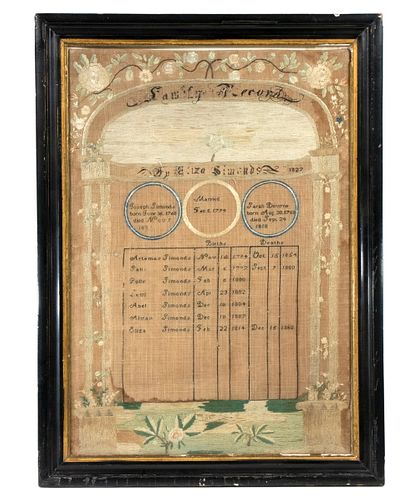 19TH C. NEEDLEPOINT FAMILY RECORD OF THE SIMONDS