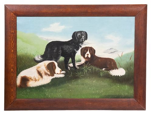 LARGE AMERICAN NAIVE PORTRAIT OF DOGS, CIRCA 1900