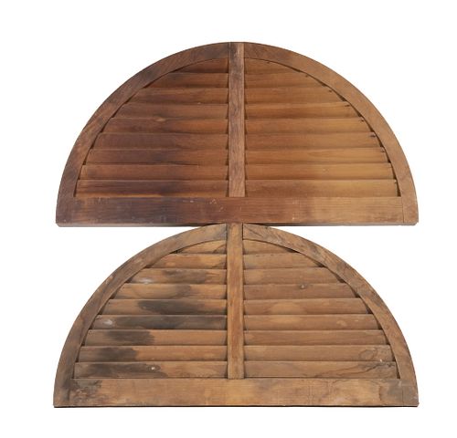 PAIR OF ARCHED TOP FIXED LOUVRED PINE WINDOW SCREEN TOPS