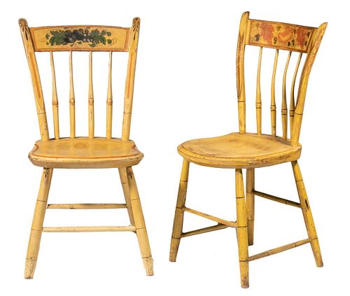 NEAR PAIR OF 19TH C. COUNTRY CHROME YELLOW PAINTED THUMB BACK SIDECHAIRS