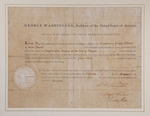 GEORGE WASHINGTON SIGNED DOCUMENT AS PRESIDENT, PICKERING COUNTERSIGN AS NEWLY MINTED SECRETARY OF STATE