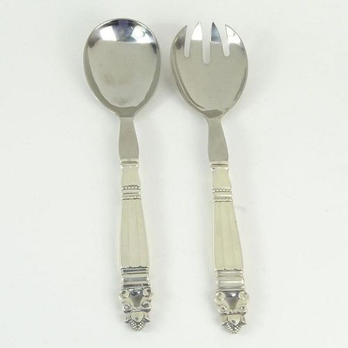 Georg Jensen Acorn Sterling Silver and Stainless 2 Piece Salad Serving Set. Signed appropriately. Good condition. Measures 10-1/4". Shipping $30.00