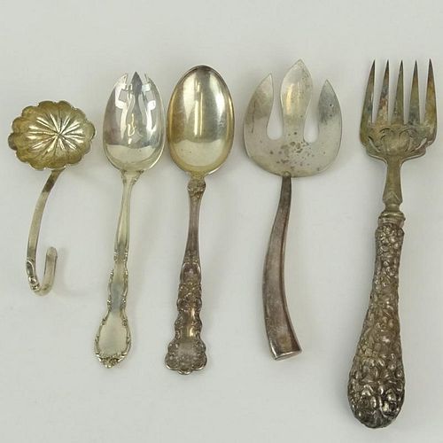 Lot of 5 Vintage and Antique Sterling Silver Serving Pieces. Includes various spoons, forks, ladle. One fork with silver plate implement. Gross weight