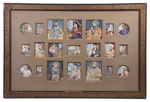 (21) PERSIAN MINIATURE PORTRAITS IN ONE LARGE WALL FRAME
