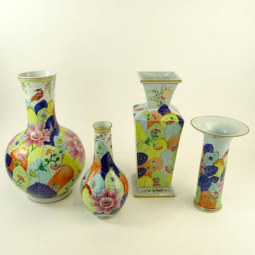 Collection of Four (4) Vintage Mottahedeh Porcelain Tobacco Leaf Vases. Includes 2 bottle vase, 1 cylinder vase with flared rim, I square baluster. Va
